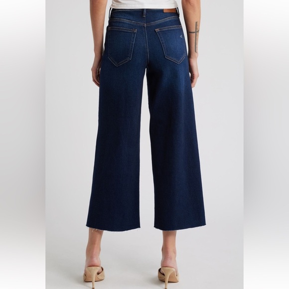 HIDDEN High Rise Wide Leg Jeans Frayed Hem Dark Blue Stretchy ankle crop - Picture 3 of 14